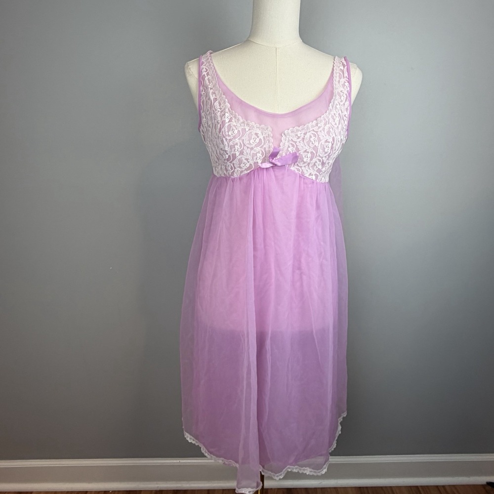 Vintage Pink Lilac Sheer Chiffon Nightgown Lace Babydoll Lingerie S/M Coquette